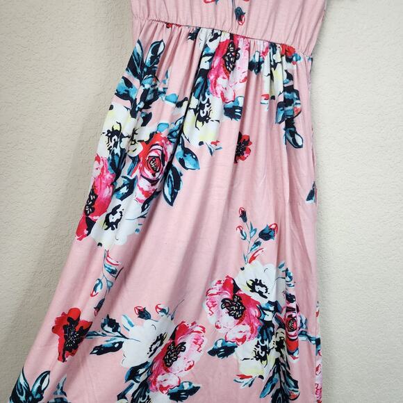 Pink Floral Stretchy Medium Midi Dress With Pockets - Picture 5 of 7